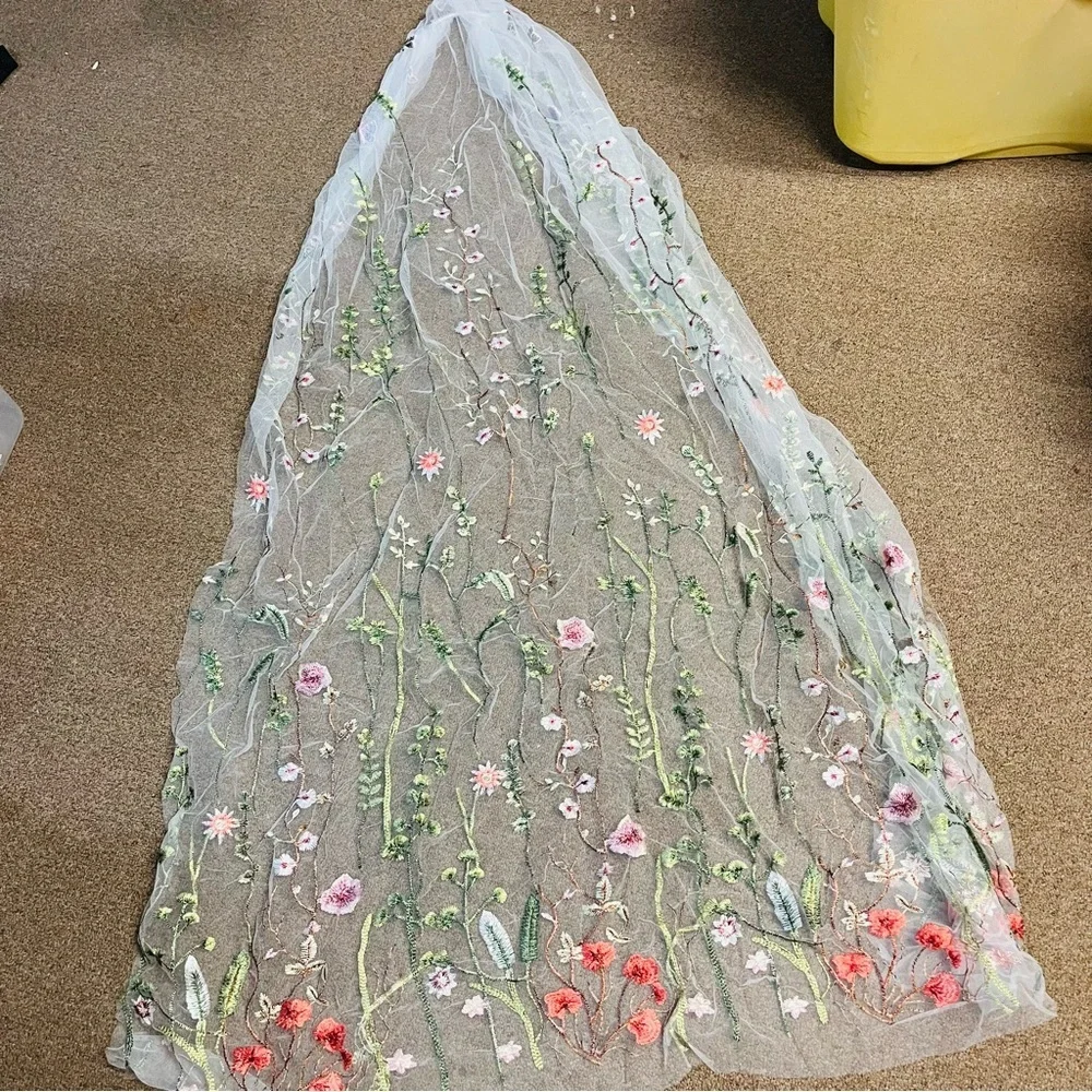 Floral embroidery wedding veil fairy garden outdoor cathedral length